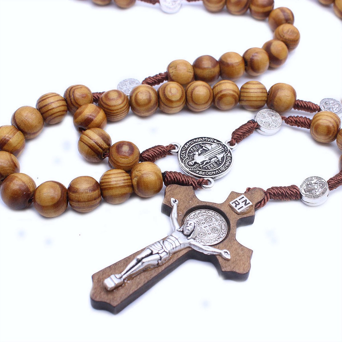 ICYBOY Klassiek Houten Ketting met 18k Zilver Religieus Jezus Kruis [Virgin Mary Wood] [Maagd Maria Hout] [ICED OUT] [24 - 60CM] - Wooden Rosary Silver Jesus Cross Necklace for Religion Catholic