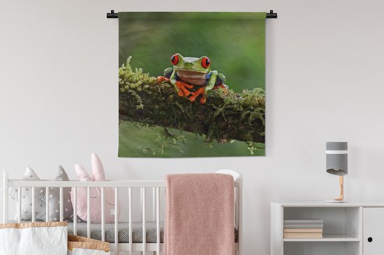 Tenture murale - Tissu mural - Grenouille aux yeux rouges sur une branche couverte - 90x90 cm - Tapisserie murale