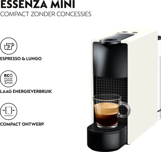 Machine à café Nespresso Essenza Mini blanche avec verre d'expresso, avec icônes pour Espresso & Lungo, mode Eco et design compact.