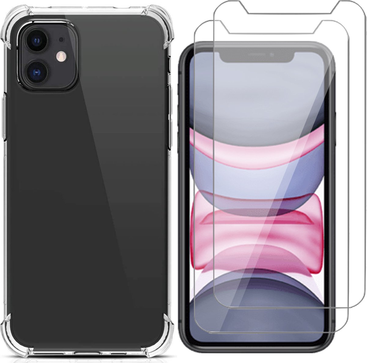 Hoesje geschikt voor iPhone 11 - 2x Screen Protector GlassGuard - Back Cover Case ShockGuard Transparant & Screenprotector