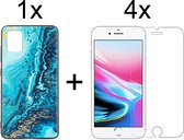 iPhone 7/8/SE 2020 Hoesje Marmer Donkerblauw Oceaan Print Siliconen Case - 4x iPhone 7/8/SE 2020 Screenprotector