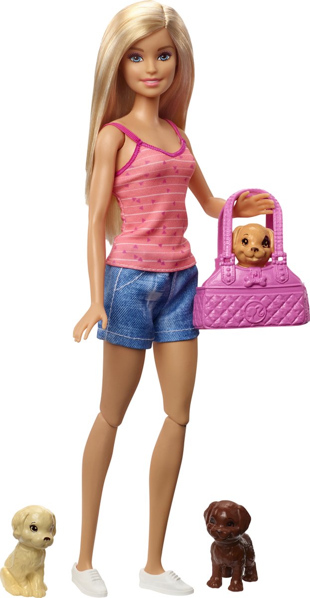 Barbie Poupée (blonde) avec chien & chiot, set incl. accessoires