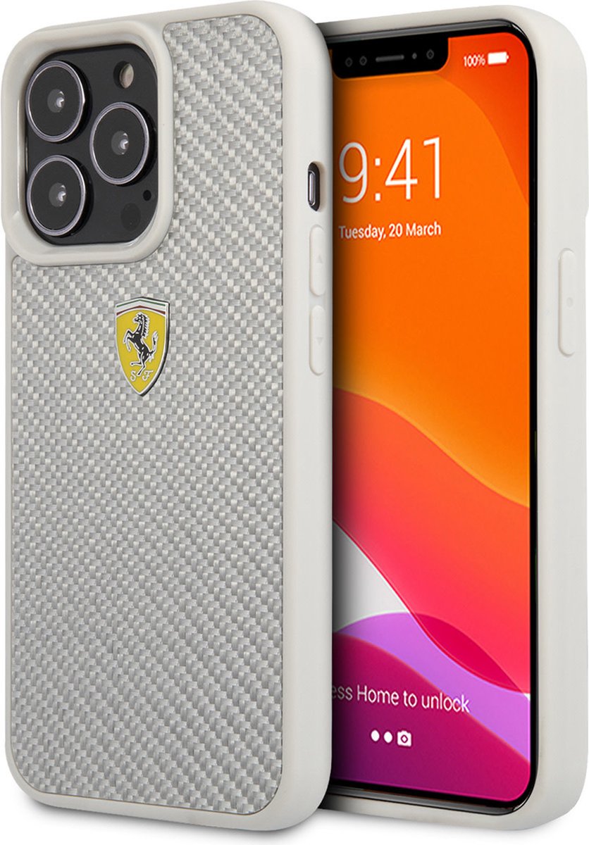 Ferrari hoesje voor iPhone 13 Pro - Hardcase Backcover - Metal Logo - Zilver