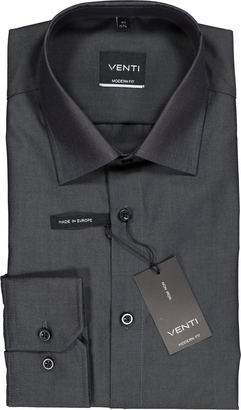 VENTI modern fit overhemd - antraciet grijs - Strijkvrij - Boordmaat: 38