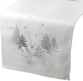 Tafelloper - Kerst - wit met rendieren, kerstbomen en zilverdraad - herten - Loper 45 x 150 cm