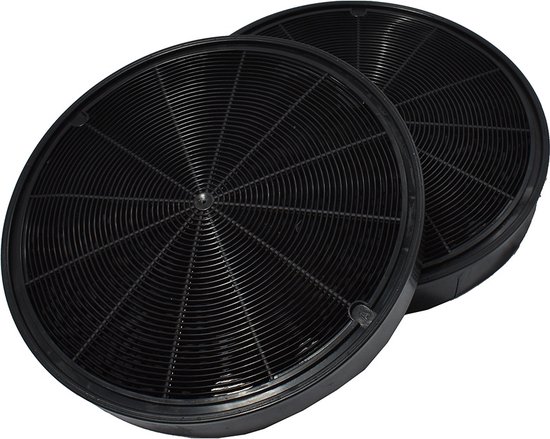 Twee ronde zwarte koolstoffilters voor afzuigkappen, met cirkelvormig raster.