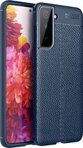 Samsung Galaxy S22 Hoesje - MobyDefend TPU Gelcase - Lederlook - Navy Blauw - GSM Hoesje - Telefoonhoesje Geschikt Voor: Samsung Galaxy S22