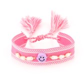 Stoffen armband met parels en smiley - roze
