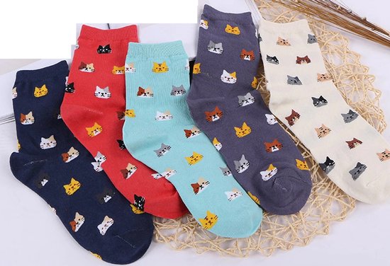 Kattenhebbedingen - Sokken Kattig - cat lover socks - Kat - Poes - 5paar - Diverse kleuren