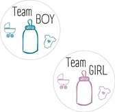 20 x Gender Reveal Stickers Team Girl Boy - Sluitsticker - Cadeausticker Jongen Meisje - Rond 40mm Roze Blauw Zwart - 20 stuks - Sticker Babyshower