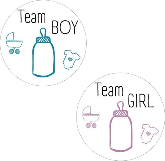 20 x Gender Reveal Stickers Team Girl Boy - Sluitsticker - Cadeausticker Jongen Meisje - Rond 40mm Roze Blauw Zwart - 20 stuks - Sticker Babyshower