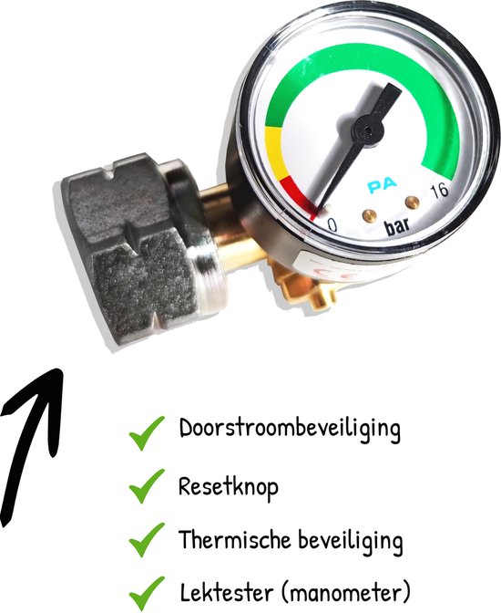 Gas stop propaan DIN 21,8"l - 4 veiligheden bij slangbreuk of brand - doorstroombeveiliging en gasfleszekering - Thermisch beveiligd met resetknop en manometer - ISO 9001 + EN16129