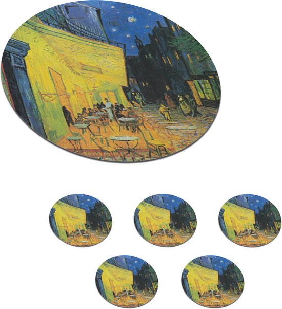 Onderzetters voor glazen - Rond - Caféterras bij nacht - Schilderij van Vincent van Gogh - 10x10 cm - Glasonderzetters - 6 stuks