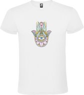 Wit T-shirt met Hamsa Hand in Roze, Zacht Groen, Zacht Geel kleuren size L