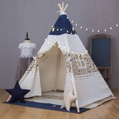 xiaowantong Kindertipi-tent met mat, bedrukt canvas tipi voor meisjes, jongens met draagtas, draagbaar speelhuisje voor binnen en buiten (top blauw)
