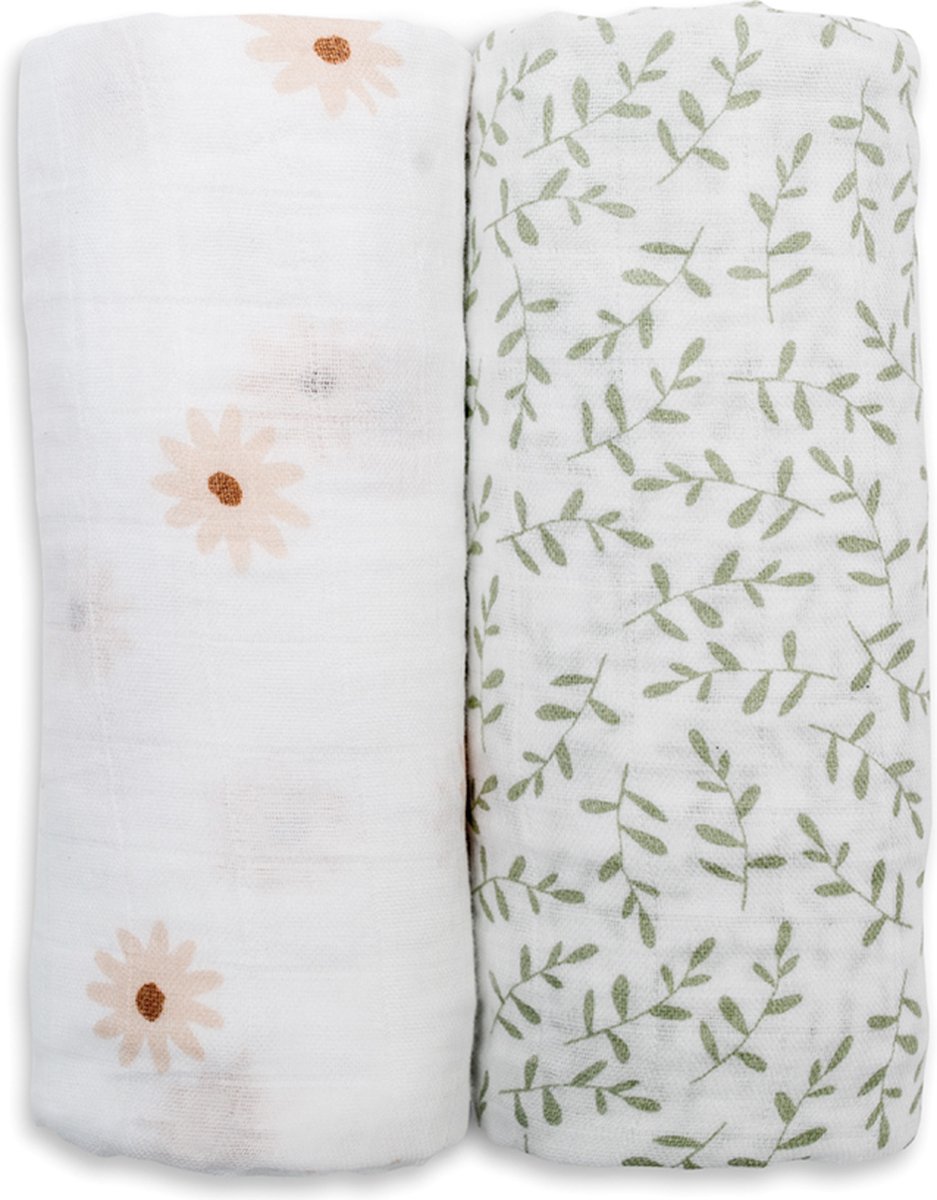Goedkoopste Lulujo - hydrofiele doek - swaddle - katoen - 100x100 cm - 2-pack - Daisies & Greenery