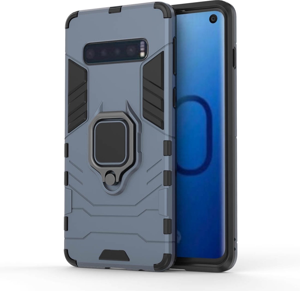 Mobigear Hoesje geschikt voor Samsung Galaxy S10 Telefoonhoesje Hardcase | Mobigear Armor Ring Backcover Shockproof met Ringhouder | Schokbestendig Galaxy S10 Telefoonhoesje | Anti Shock Proof - Marineblauw