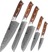 Xinzuo | Jeu de 5 lames en acier Damas (martelé) | Bois de rose | B13D - couteau de chef + couteau à pain + couteau Santoku + couteau à légumes + couteau d'office