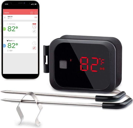 NaSK - Digitale Vleesthermometer,Bluetooth, BBQ Accesoires - Keuken Thermometer - Vleesthermometer, 50 meter - Draadloos - Bluetooth - Barbecue - Met Gratis App - Geschikt Voor Oven - Grill - BBQ Temperatuur Meter - Digitaal - USB Oplaadbaar