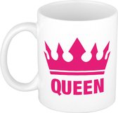 1x Cadeau Queen beker / mok - wit met fuchsia roze bedrukking - 300 ml keramiek - witte bekers