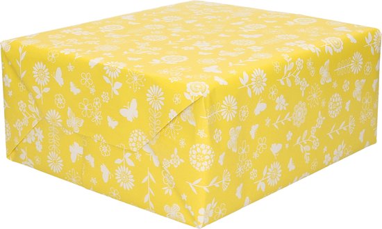 3x Rollen Inpakpapier/cadeaupapier geel met witte bloemen en vlinders 200 x  70 cm -... | bol.com