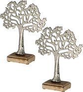 2x Stuks decoratie levensboom van aluminium op houten voet 30 cm zilver - Tree of life