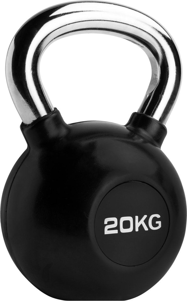 RYZOR Kettlebell van 20 kg - Kettlebell voor crossfit - Bootcamp gewichten - Gewichten - Kogelhalter - Fitness gewichten - Kettlebell gewicht - Kettlebells 20 kg - Voor binnen en buiten - Halters en gewichten - Rubber en staal - Zwart en zilver