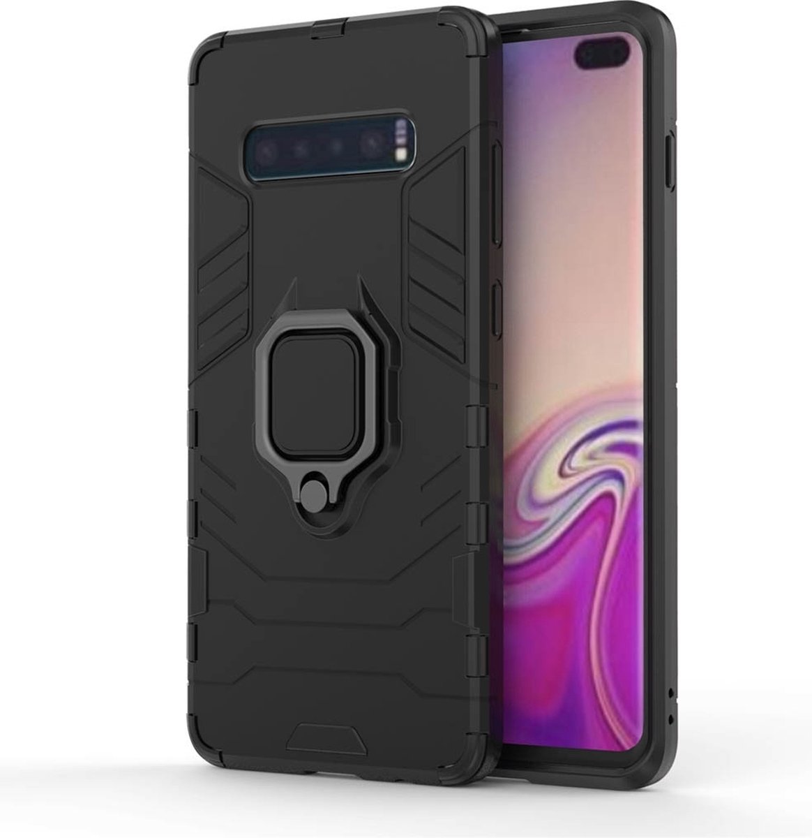 Mobigear Hoesje geschikt voor Samsung Galaxy S10 Plus Telefoonhoesje Hardcase | Mobigear Armor Ring Backcover Shockproof met Ringhouder | Schokbestendig Galaxy S10 Plus Telefoonhoesje | Anti Shock Proof - Zwart