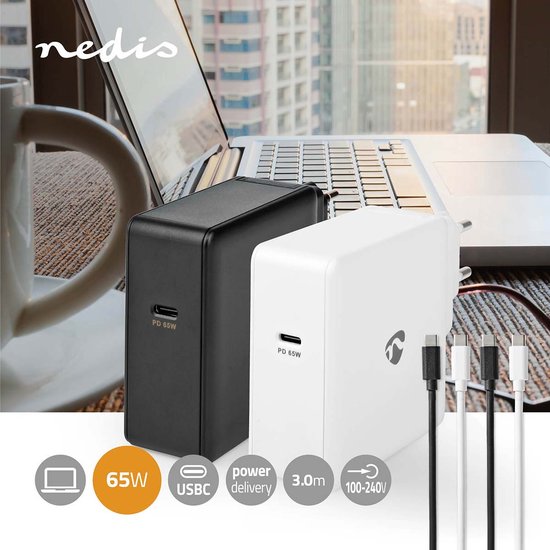 Chargeur Nedis | Fonction de charge rapide | PD3. 0 27W / PD3. 0 36W / PD3. 0 45W / PD3. 0 65W | 0 / 3.25AA | sortie : 1 | USB-C™ | Câble USB Type-C™ (détaché) | 3,00 m | 65 W. | Sélection de Voltage automatique