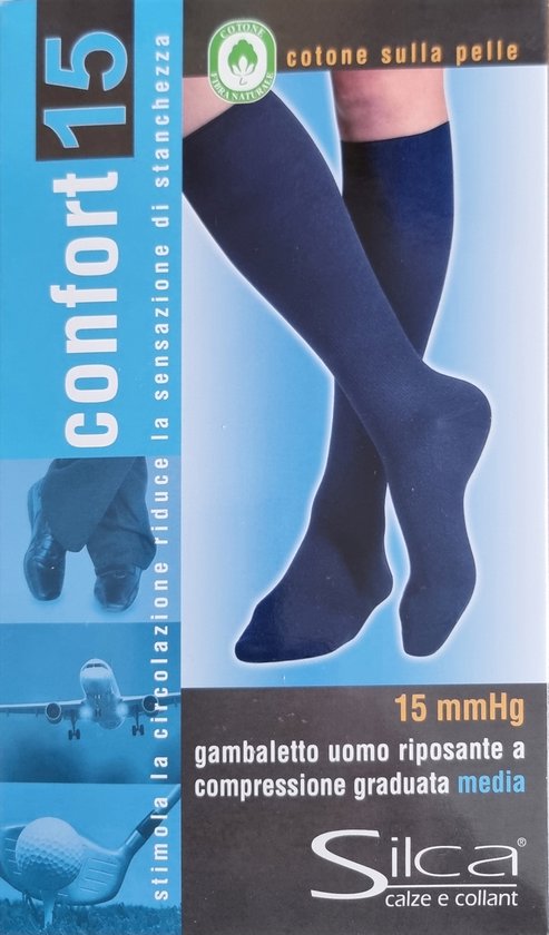 Donkerblauwe steunkousen met "confort 15" en "15 mmHg" opdruk.