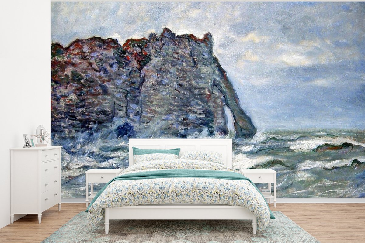 Behang - Fotobehang Port d'Aval, ruige zee - Schilderij van Claude Monet - Breedte 375 cm x hoogte 280 cm