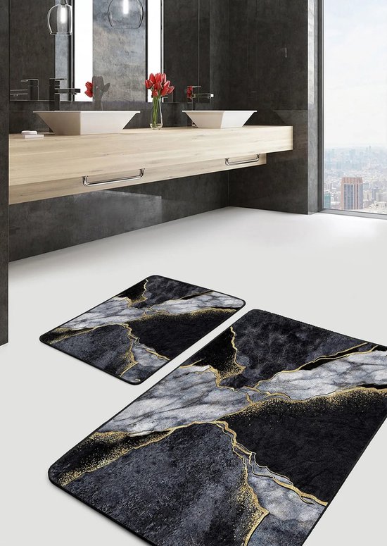 Tapis de bain antidérapant 2 pièces - Badmat & 50x60 - Tapis de toilette - Tapis de toilette - Feuilles de palmier sur blanc - Paillasson - De Groen Home