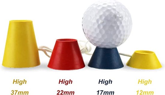 Vier golf tees in verschillende maten: geel (37mm, 12mm), rood (22mm) en blauw (17mm) met een golfbal erop.