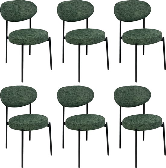 Zes groene teddy eetkamerstoelen met zwart metalen frame, elk met een ovaal rugleuning.
