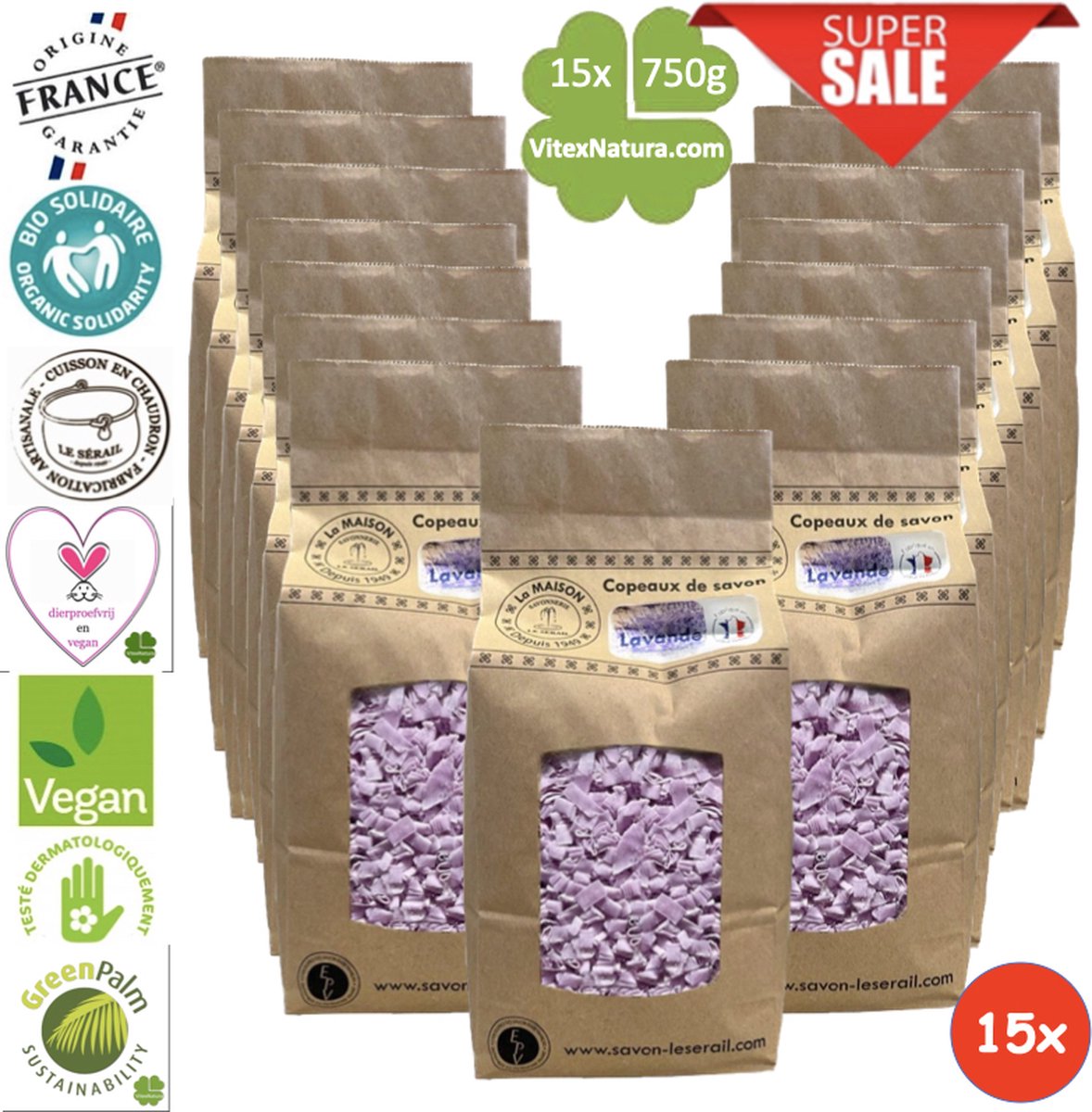 Goedkoopste Marseille zeepvlokken met lavendel olie | 15x 750g | Ecologisch en Milieuvriendelijk | Ambacht | Le Serail