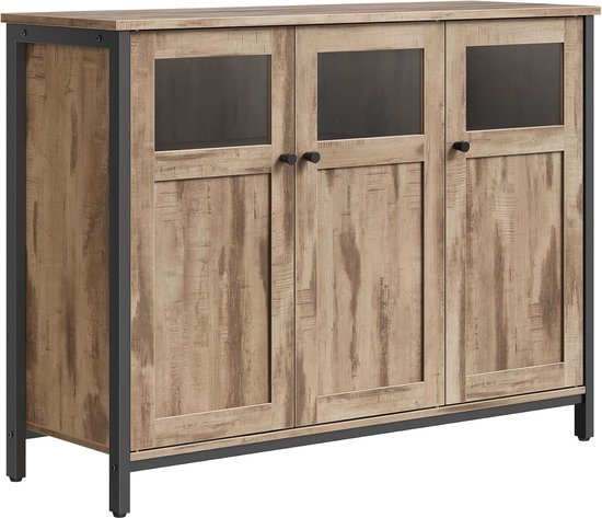 VASAGLE Opbergkast, dressoir, met kast met 3 deuren, voor eetkamer, woonkamer, keuken, entree, stalen frame, industriële stijl, camel bruin en inktzwart LSC099K02