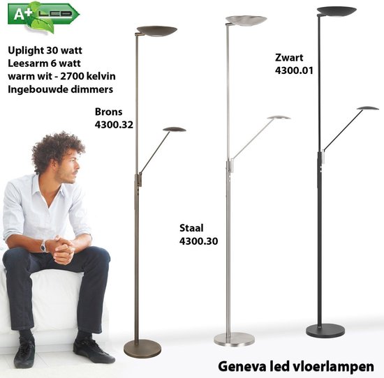 Trois lampadaires : bronze, acier et noir, avec un mannequin et une étiquette énergétique A+ LED.