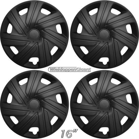 Set van 4 matzwarte wieldoppen met een dynamisch, 10-spaaks design. De wieldoppen hebben een diameter van 16 inch.