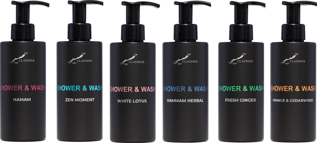 Goedkoopste Shower & Wash Set - Fresh Ginger Hamam Hammam Herbal Sweet Orange & Cedarwood White Lotus en Zen Moment - Claudius Cosmetics - bodycare - luxe fles - set van 6 stuks - Cadeau - giftset voor hem en haar