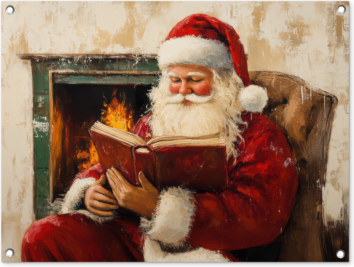 Tuinposter 80x60 cm met Kerstman bij Open Haard voor buiten decoratie.