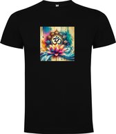 Zwart T-Shirt met “Kleurrijke Ohm teken – Lotusbloem – Meditatie – Zen “ Print Full Color Maat 4XL