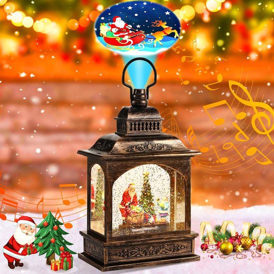 oCreon Kerst Lantaarn Sneeuwbol met Kerstman - Projector en Muziek - USB & Batterij - Xmas Décor