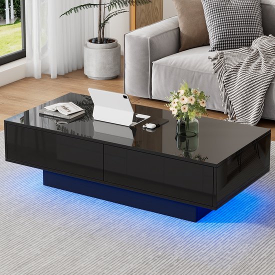 Sweiko Hoogglans salontafel, 115 x 55 x 34 cm, met 2 laden, LED-verlichting en 30 kg draagvermogen, zwart