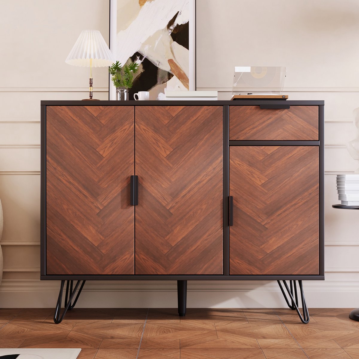 Gutent Opbergkast, Zwart en Houtlook, met laden en in hoogte verstelbare planken (90 x 30 x 71,5 cm)