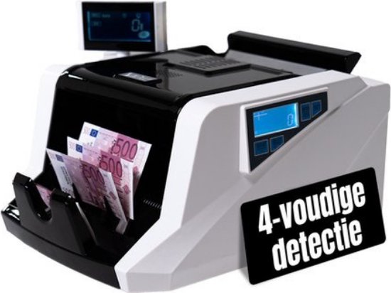 Geldtelmachine met eurobiljetten en de tekst "4-voudige detectie".