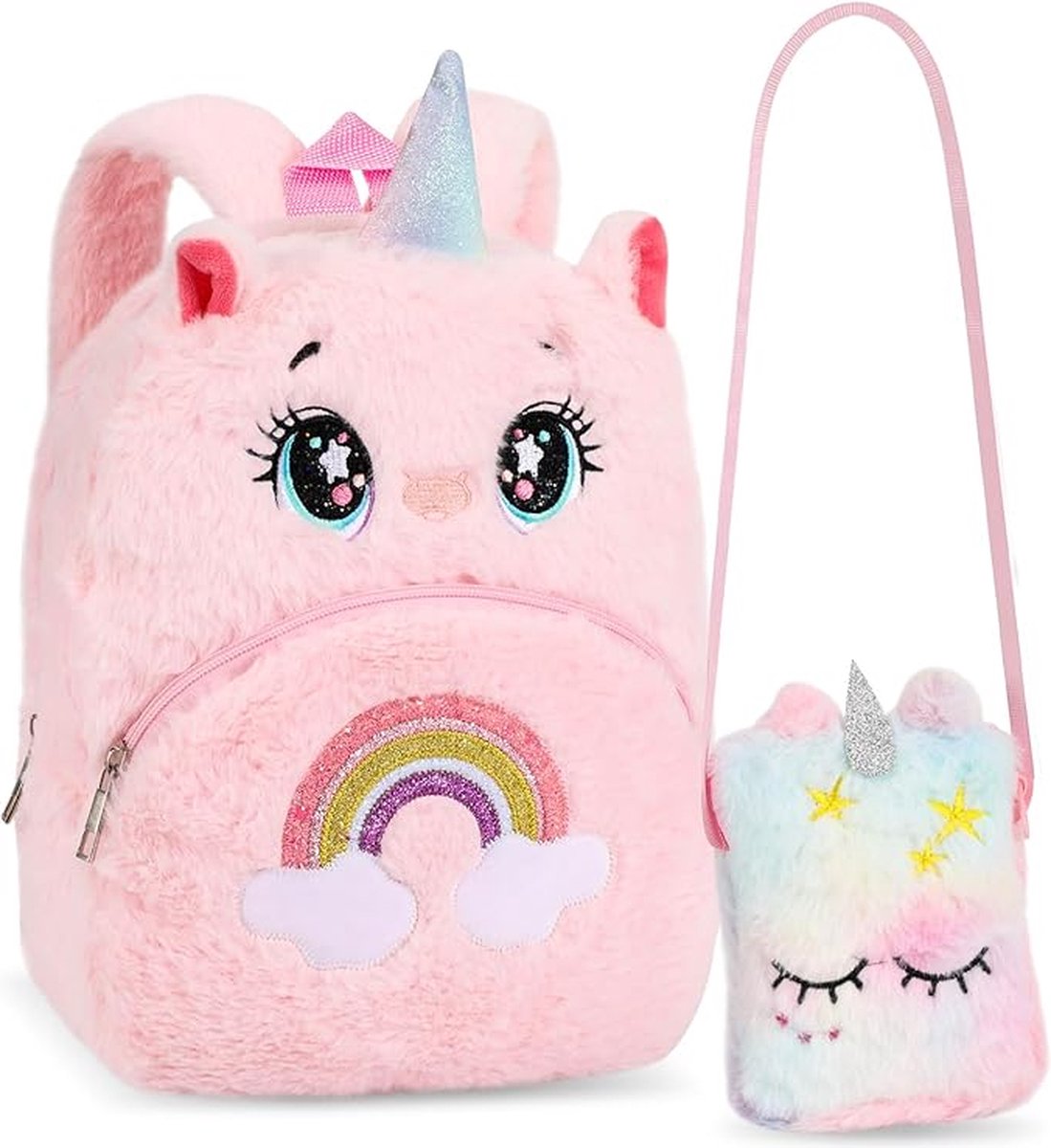 Homesy - Unicorn pluche rugzak, mini-schoudertas voor kinderen, schattige portemonnee, schooltas, kleuterschool, rugzak voor peuters, meisjes, Kerstmis, verjaardag, geschenken, Meerkleurig, M