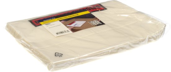 Stapel van 100 beige A5 paklijst en. met de tekst 'PAKFOLIE ENVELOP' en '100x 225 x 165 mm'.