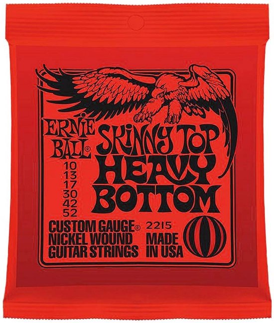 Oranje verpakking Ernie Ball Skinny Top Heavy Bottom elektrische gitaarsnaren, gauge 2215.