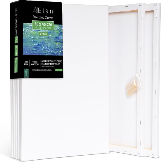 Een stapel van 6 witte Elan 30x45 CM gestrekte schilderdoeken, met op het label details over het materiaal.