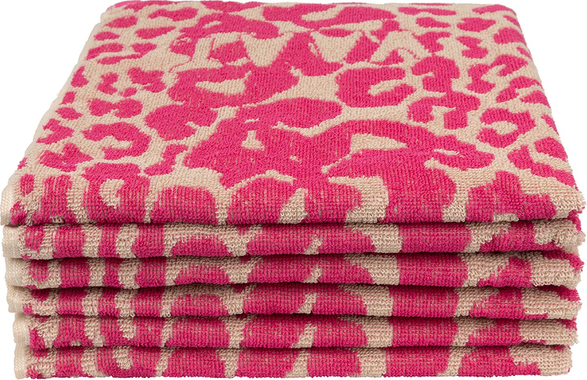 Set keukenhanddoeken I love leopard roze / zand - 50 x 60 cm (6 stuks)